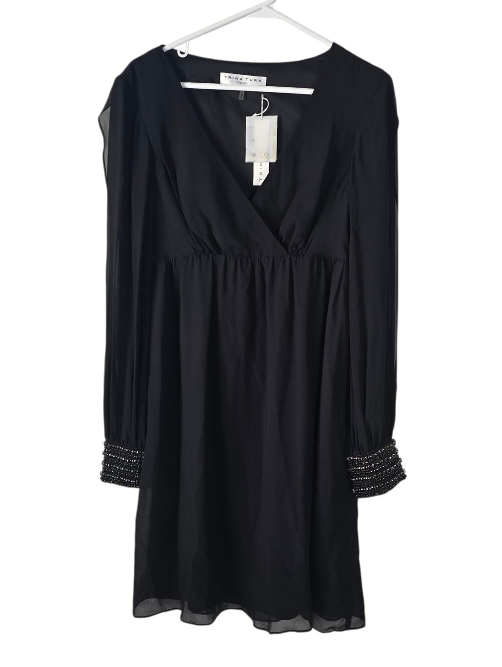 Trina Turk Seraphine Black Silk Cocktail Dress 8 Beaded Cuffs Split Sleeves